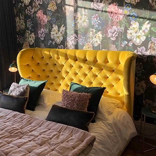 Rouen King bed in Portland Brilliant Velvet Wattle